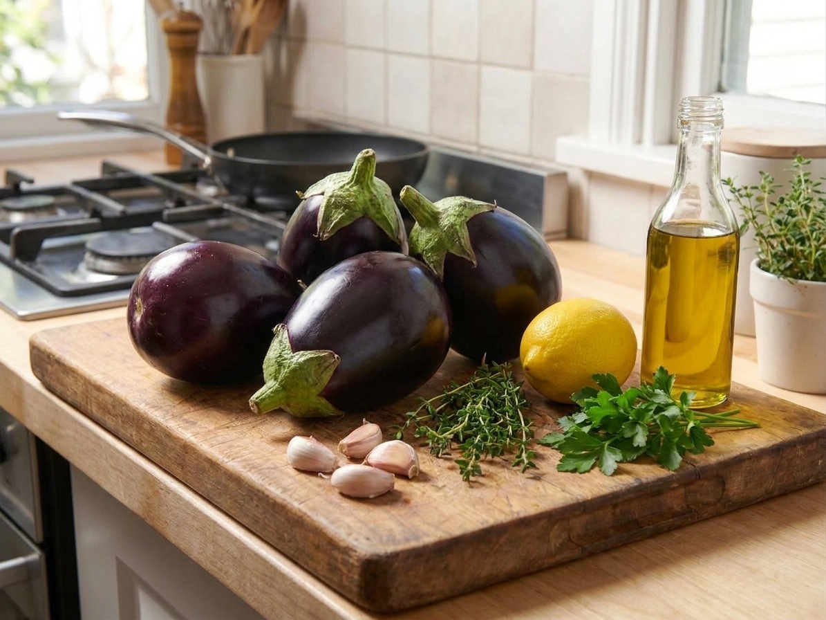 Whole globe eggplants on a cutting board beside a lemon, garlic cloves, olive oil, and fresh herbs on a bright kitchen counter