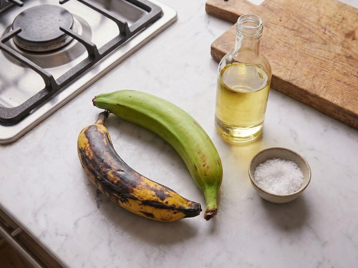 Whole green and ripe plantains beside a bottle of neutral oil and a small bowl of salt on a clean kitchen counter in warm light