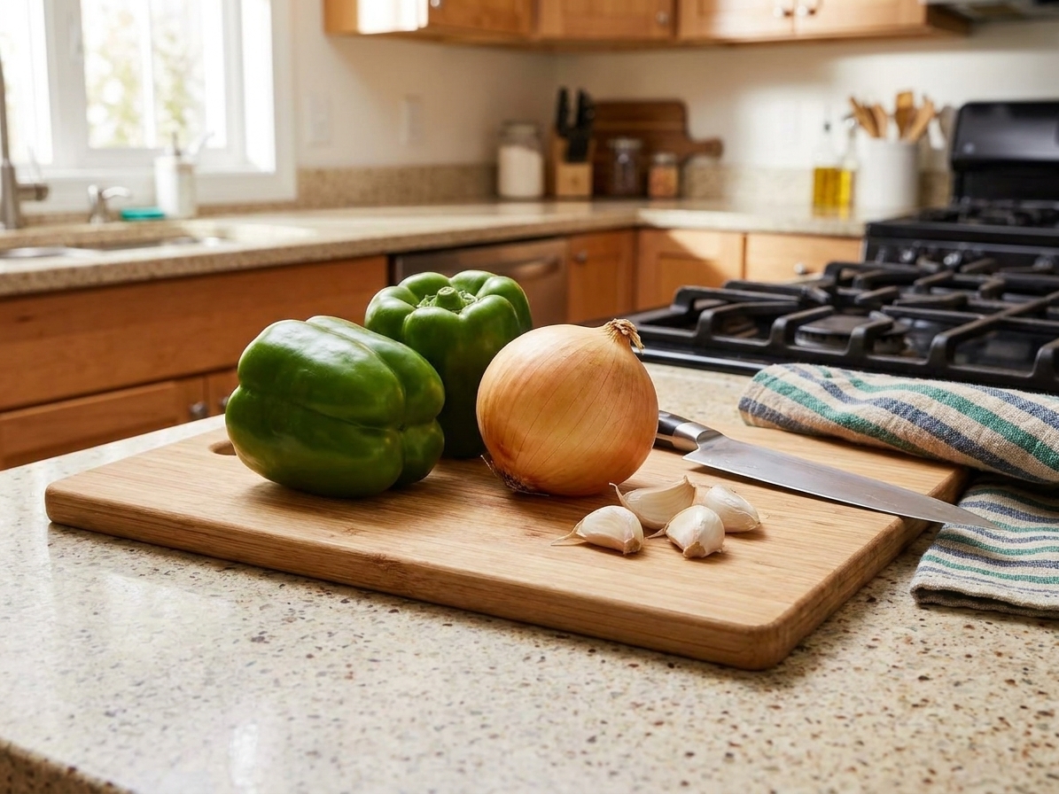 Whole green bell peppers, a yellow onion, and garlic cloves arranged on a wooden cutting board next to a chef knife in a bright home kitchen