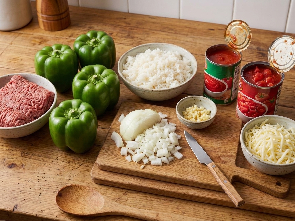 Whole green bell peppers, ground beef, cooked rice, onion, garlic, canned tomato sauce, diced tomatoes, and shredded cheese arranged on a kitchen counter