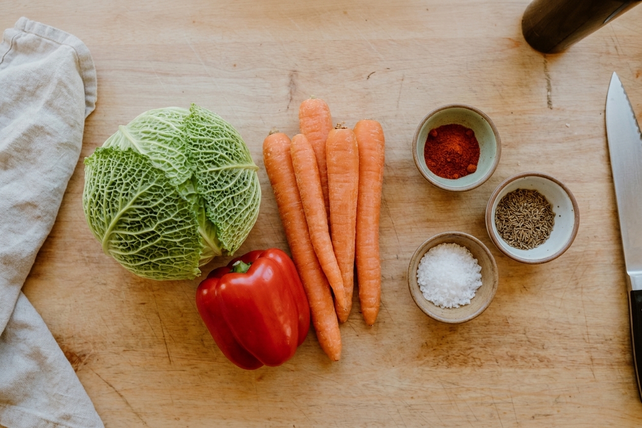 Whole green cabbage, carrots, and a red bell pepper on a clean kitchen counter with small bowls of spices nearby