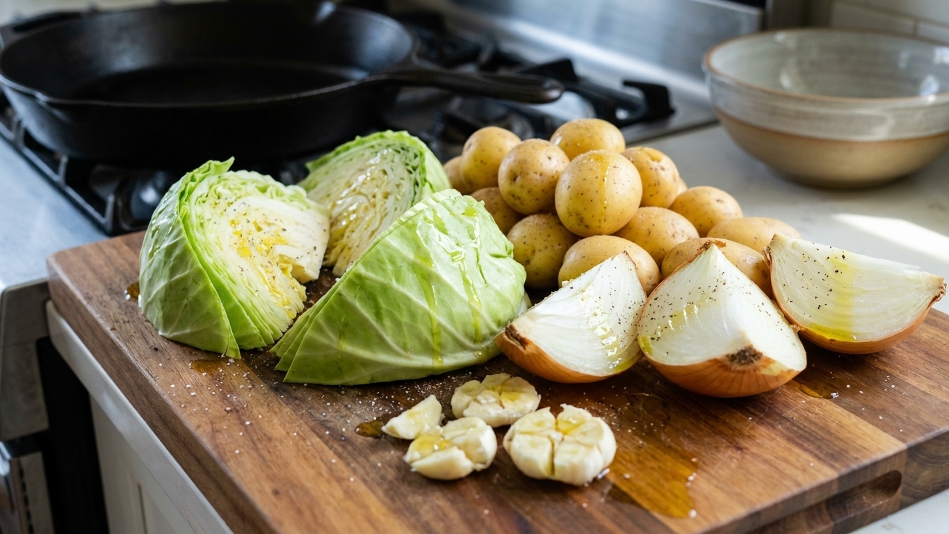 Whole green cabbage cut into wedges with baby potatoes, quartered onion, and smashed garlic arranged on a kitchen counter ready for cooking