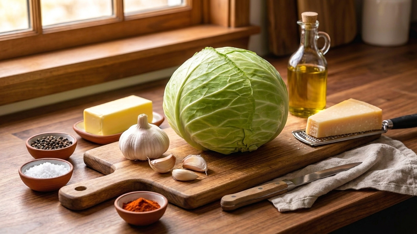 Whole green cabbage, garlic, butter, olive oil, Parmesan, and spices arranged on a kitchen counter
