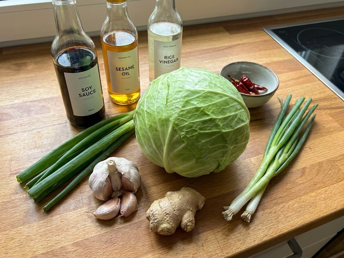 Whole green cabbage, garlic cloves, a knob of ginger, soy sauce, sesame oil, rice vinegar, and scallions arranged on a clean kitchen counter in natural light