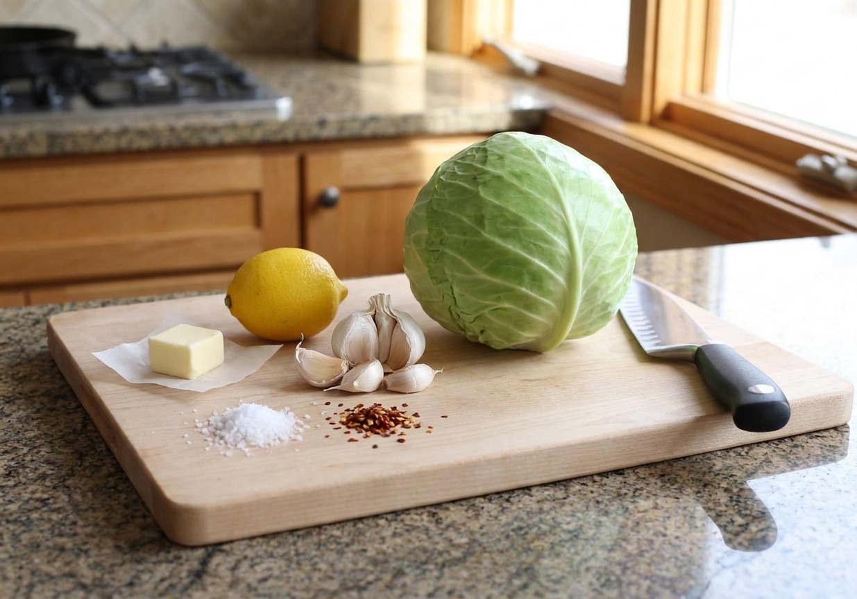 Whole green cabbage, garlic cloves, lemon, butter, salt, and red pepper flakes arranged on a wooden cutting board in a bright home kitchen