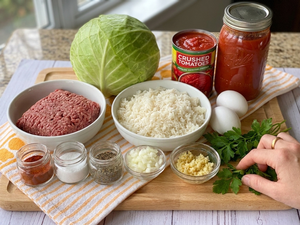 Whole green cabbage, ground beef, cooked rice, onion, garlic, crushed tomatoes, tomato sauce, eggs, parsley, and spices arranged on a kitchen counter