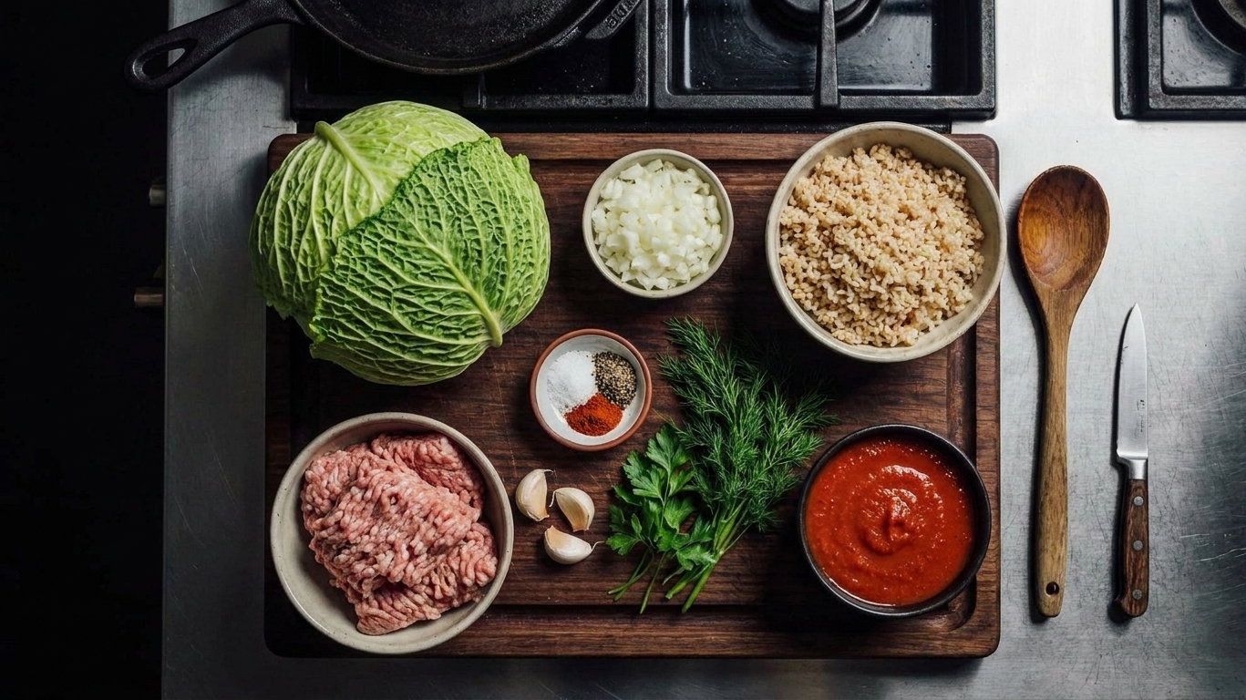 Whole green cabbage, ground pork, cooked rice, onion, garlic, tomato sauce, herbs, and spices arranged on a bright kitchen counter