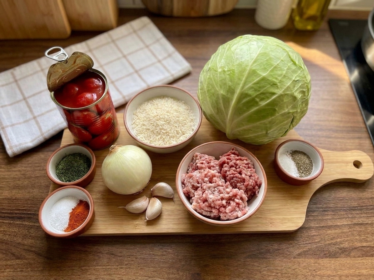 Whole green cabbage, onion, garlic, canned tomatoes, rice, and ground meat arranged on a clean kitchen counter with warm natural light