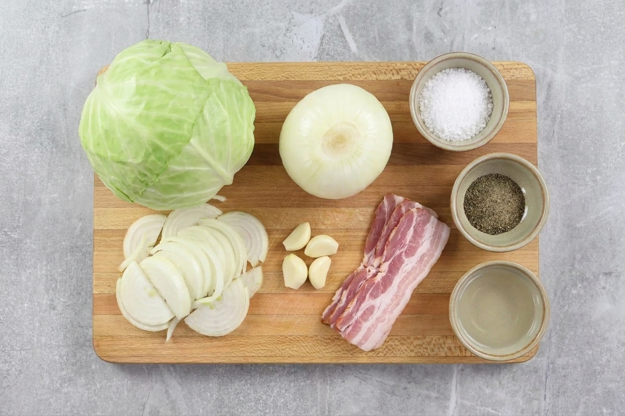 Whole green cabbage, sliced onion, garlic cloves, and raw bacon laid out on a wooden cutting board beside small bowls of salt, pepper, and vinegar