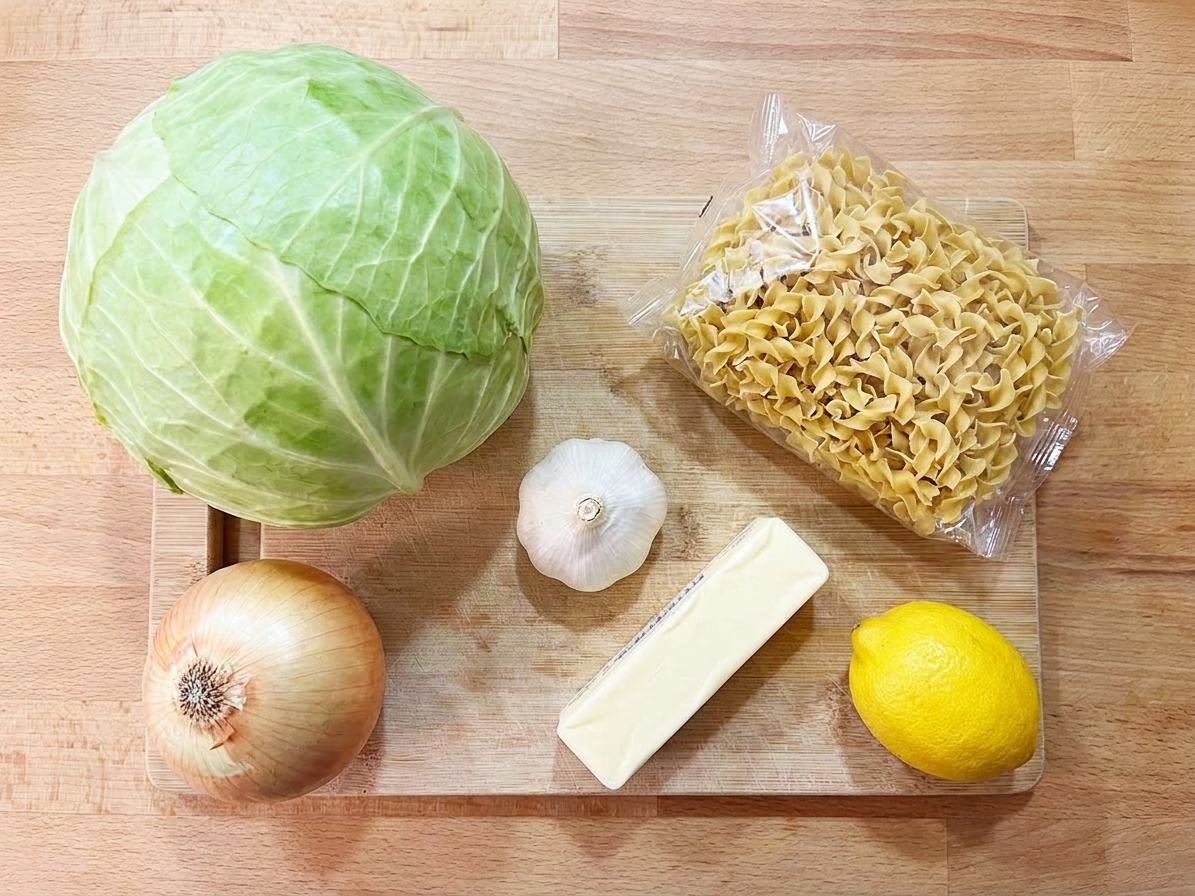Whole green cabbage, yellow onion, garlic, butter, lemon, and a bag of egg noodles arranged on a clean kitchen counter with a cutting board