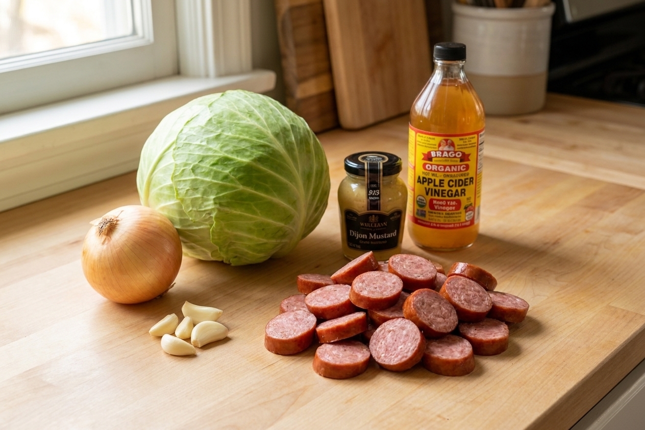Whole green cabbage, yellow onion, garlic cloves, Dijon mustard, apple cider vinegar, and sliced smoked sausage arranged on a light kitchen counter under soft natural light