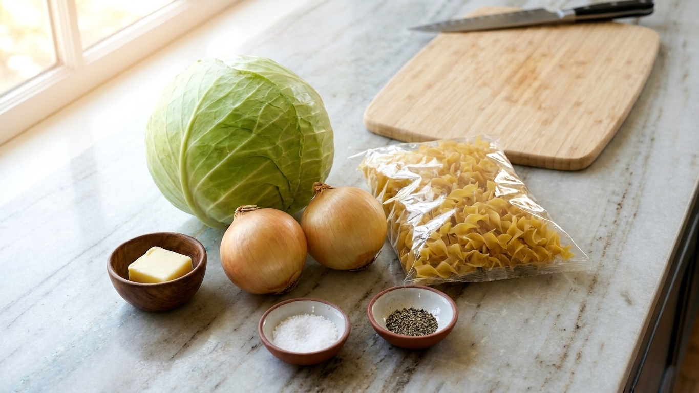 Whole green cabbage, yellow onions, a bag of egg noodles, butter, salt, and black pepper arranged on a clean kitchen counter in soft natural light