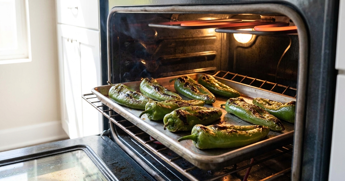 Whole green chiles blistering and charring on a sheet pan under a broiler in a home oven