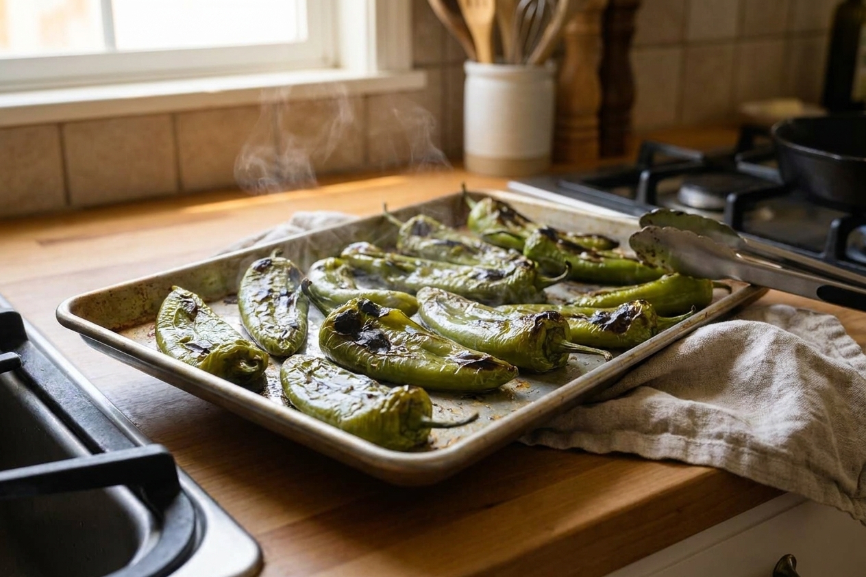 Whole green chiles blistering on a sheet pan, skins charred in spots and slightly wrinkled, with a warm, cozy kitchen setting