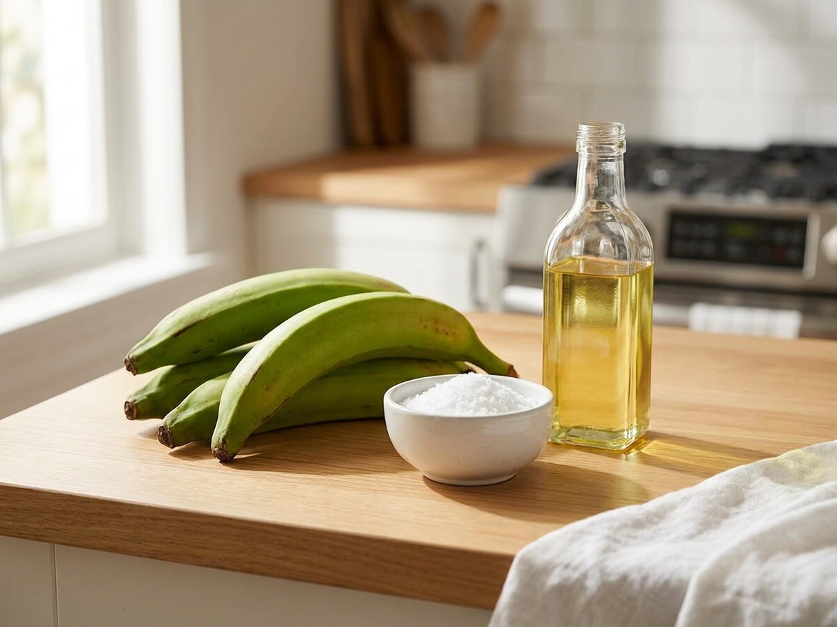 Whole green plantains, a small bowl of kosher salt, and a bottle of neutral oil arranged on a clean kitchen counter with warm natural light