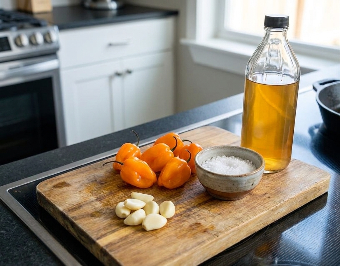 Whole habanero peppers, peeled garlic cloves, and a small bowl of salt arranged on a cutting board next to a bottle of vinegar, prep ingredients on a home kitchen counter