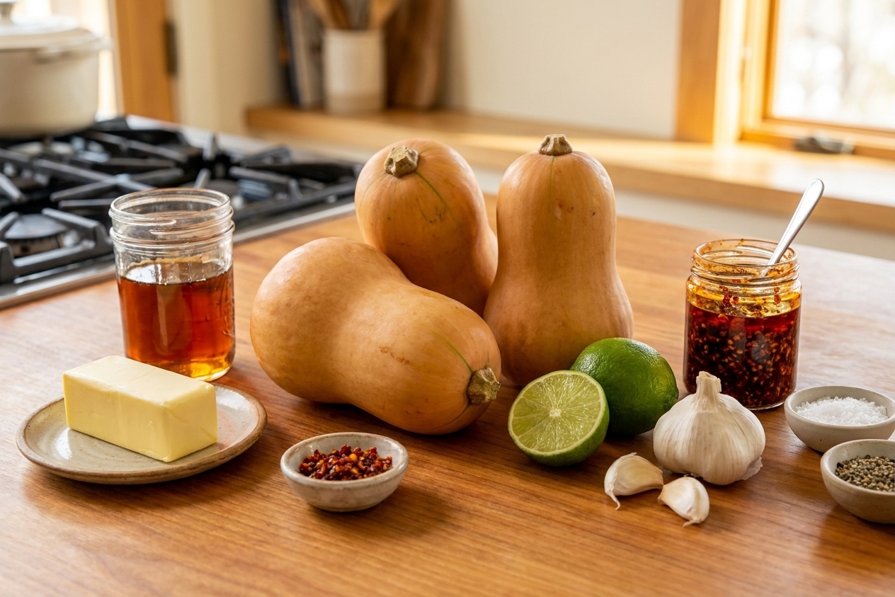 Whole honeynut squash, butter, maple syrup, lime, garlic, chili crisp, salt, and pepper arranged neatly on a warm-toned kitchen counter