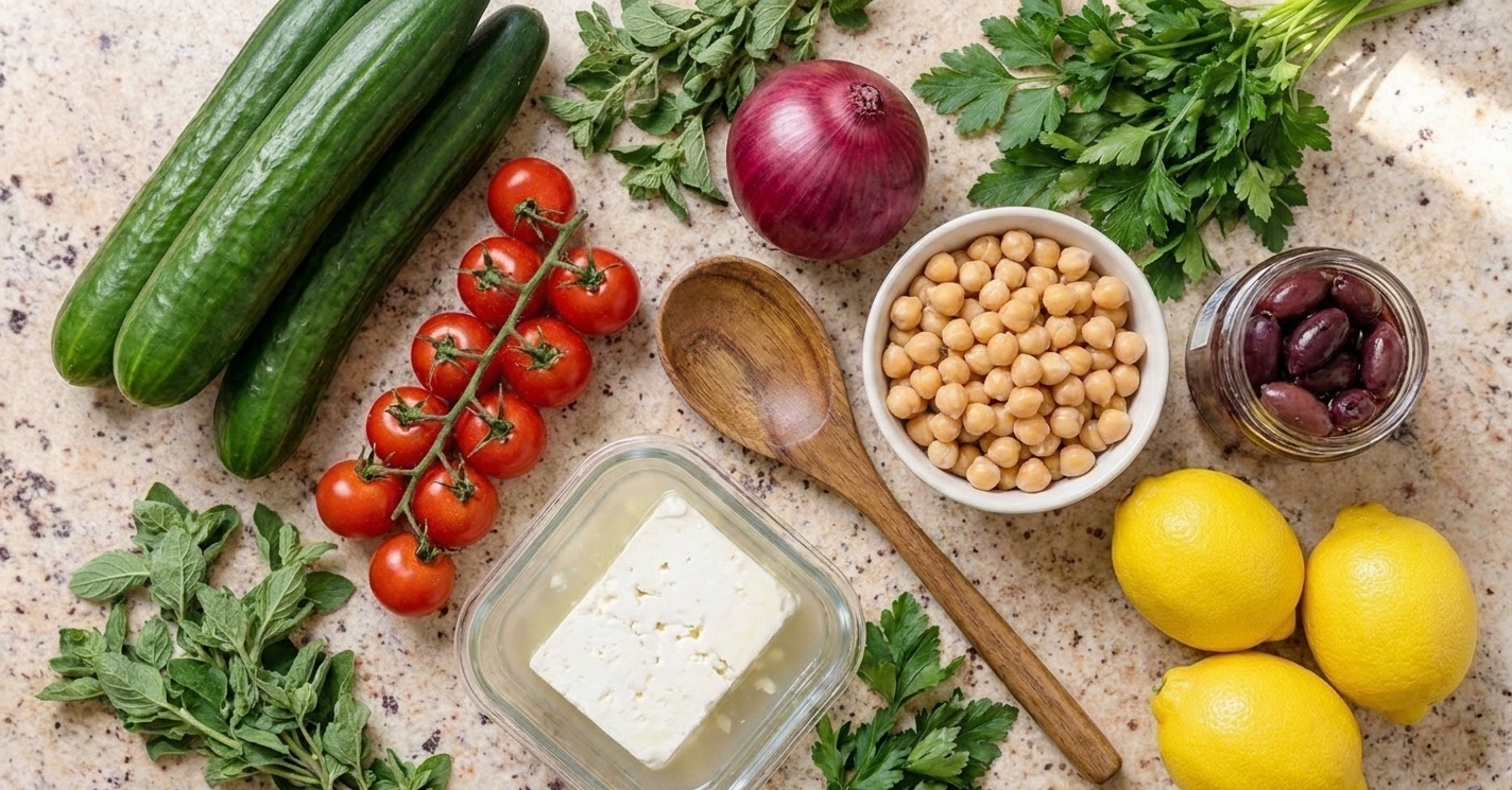 Whole ingredients for Mediterranean salad arranged on a neutral kitchen counter including cucumbers, tomatoes, red onion, feta, chickpeas, olives, lemons, and herbs