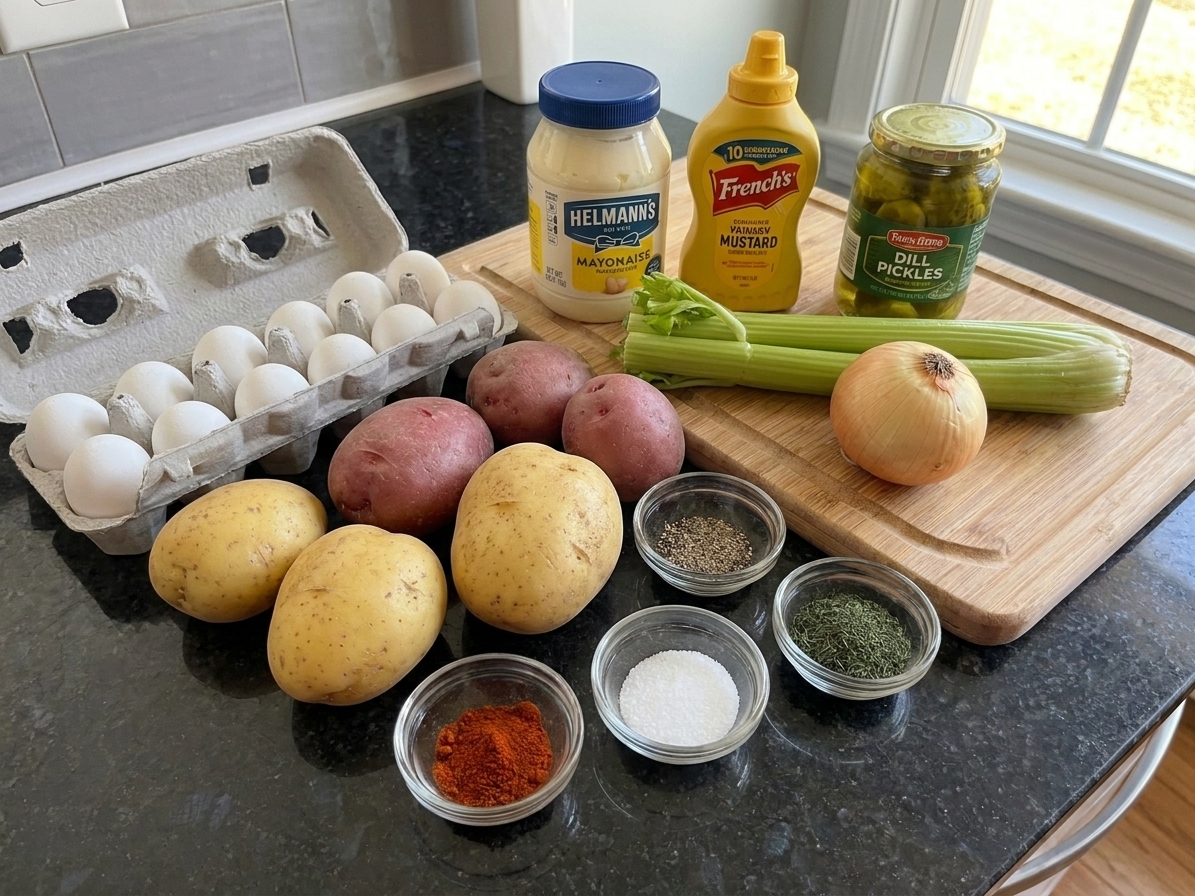 Whole ingredients for Southern potato salad arranged on a bright kitchen counter, including potatoes, eggs, mayonnaise, mustard, celery, onion, pickles, and seasonings