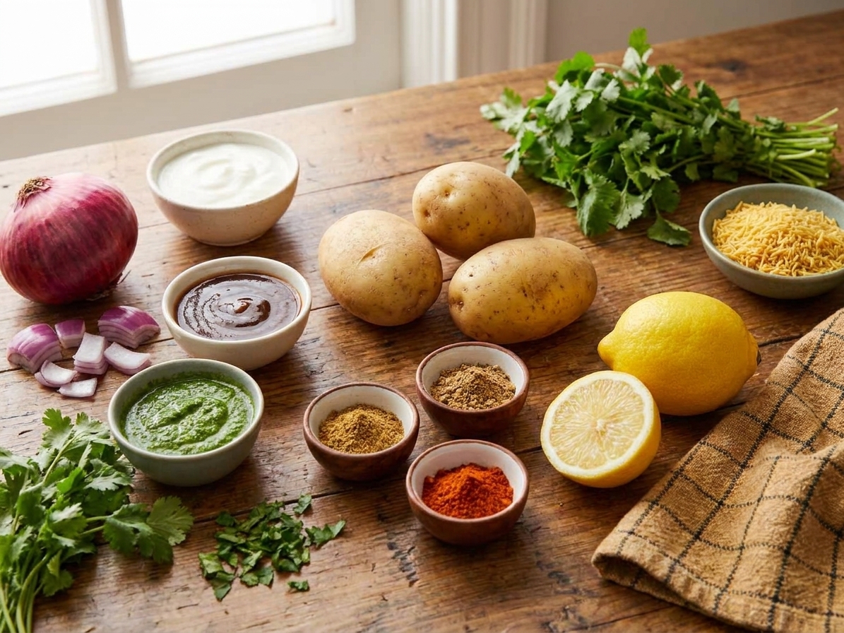 Whole ingredients for aloo chaat arranged on a kitchen counter including potatoes, yogurt, tamarind chutney, mint chutney, red onion, cilantro, lemon, spices, and sev