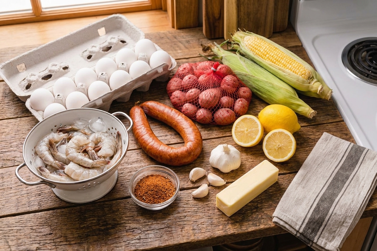 Whole ingredients for an egg boil on a kitchen counter including eggs, shrimp, smoked sausage, baby potatoes, corn, garlic, lemon, butter, and Cajun seasoning