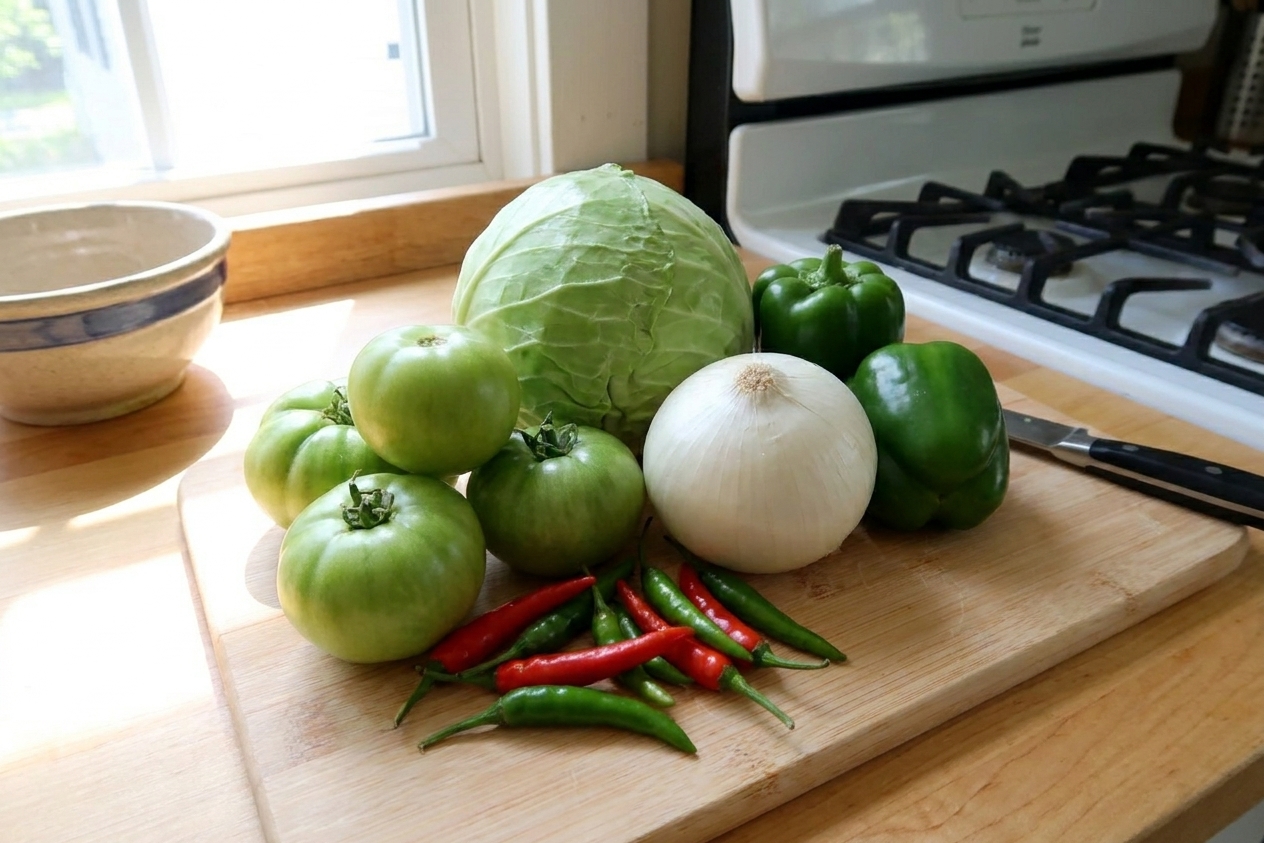 Whole ingredients for chow-chow including a head of cabbage, green tomatoes, onion, bell peppers, and hot peppers arranged on a bright kitchen counter