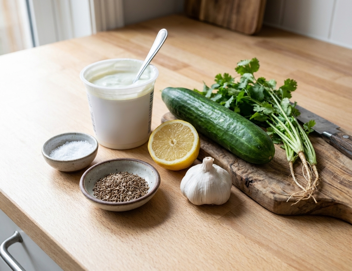 Whole ingredients for cucumber raita on a kitchen counter, including yogurt, cucumber, lemon, garlic, cumin seeds, salt, and fresh cilantro