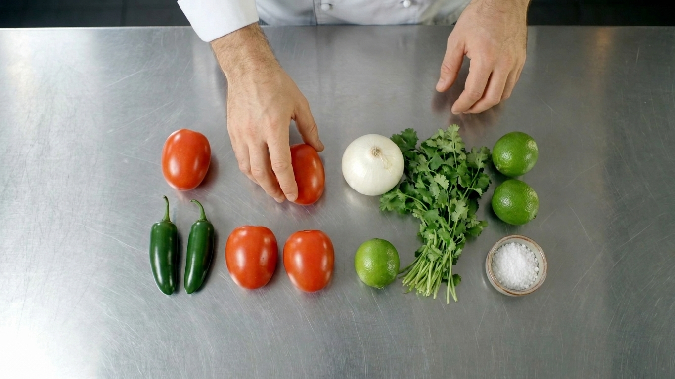 Whole ingredients for salsa including tomatoes, jalapenos, onion, cilantro, limes, and salt laid out on a clean kitchen counter