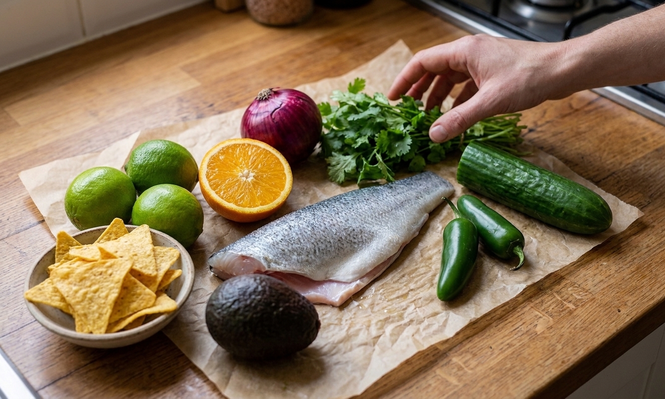 Whole ingredients for sea bass ceviche laid out on a kitchen counter including limes, orange, sea bass fillet, red onion, cilantro, cucumber, jalapeño, avocado, and tortilla chips