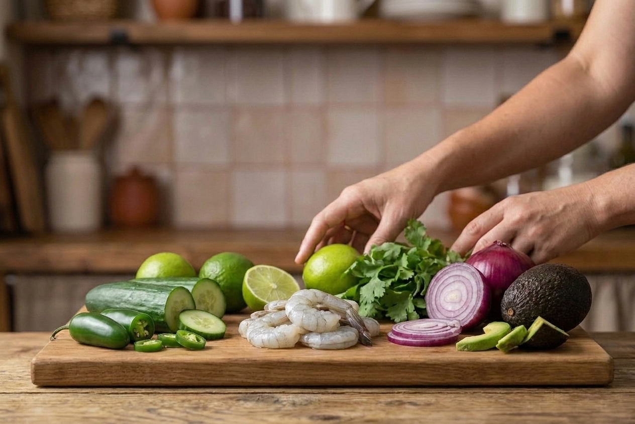 Whole ingredients for shrimp aguachile laid out on a cutting board, including raw shrimp, limes, cucumbers, jalapeños, cilantro, red onion, and avocado