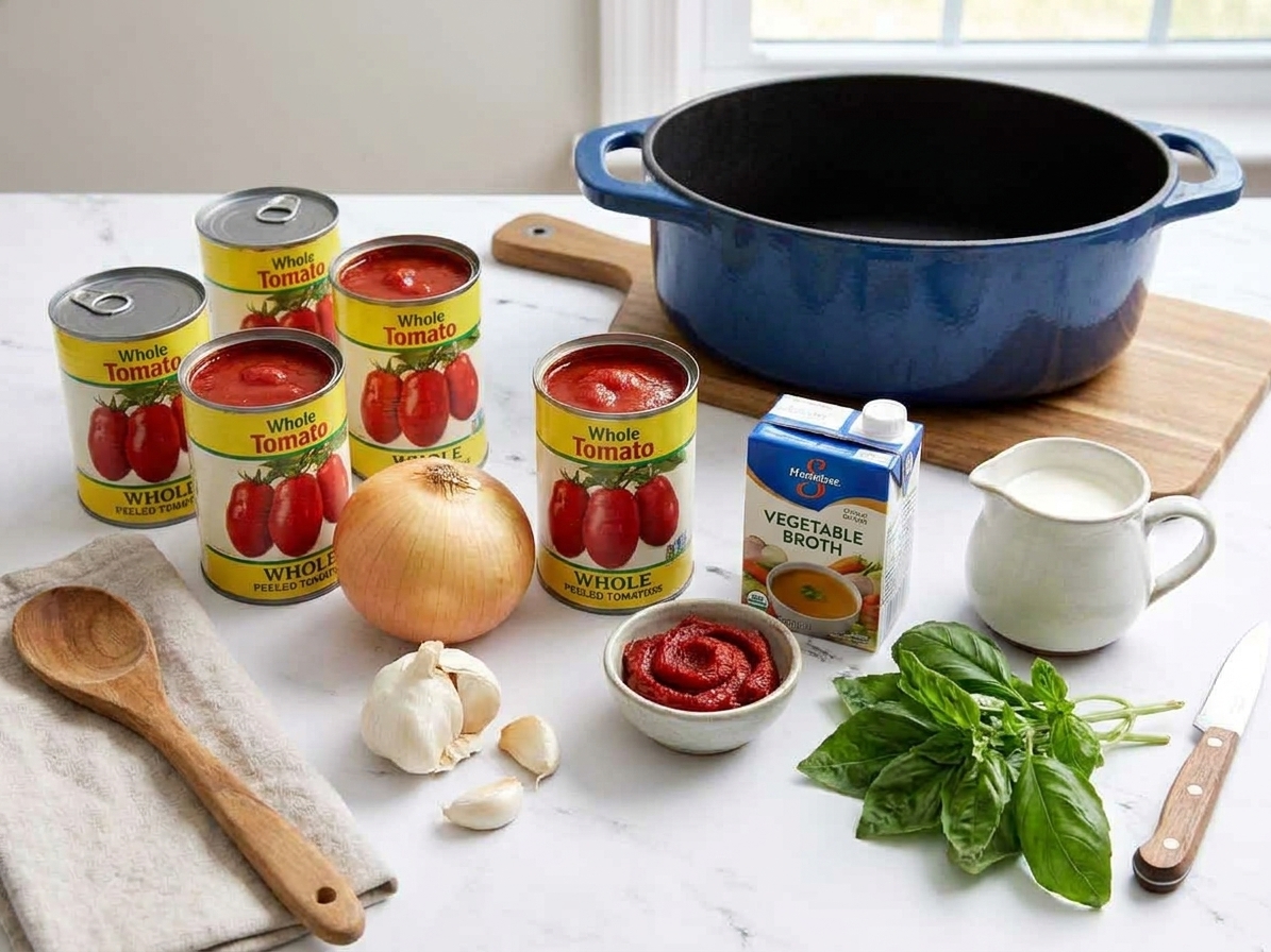 Whole ingredients for tomato bisque arranged on a light kitchen counter, including canned tomatoes, onion, garlic, tomato paste, broth, cream, and basil