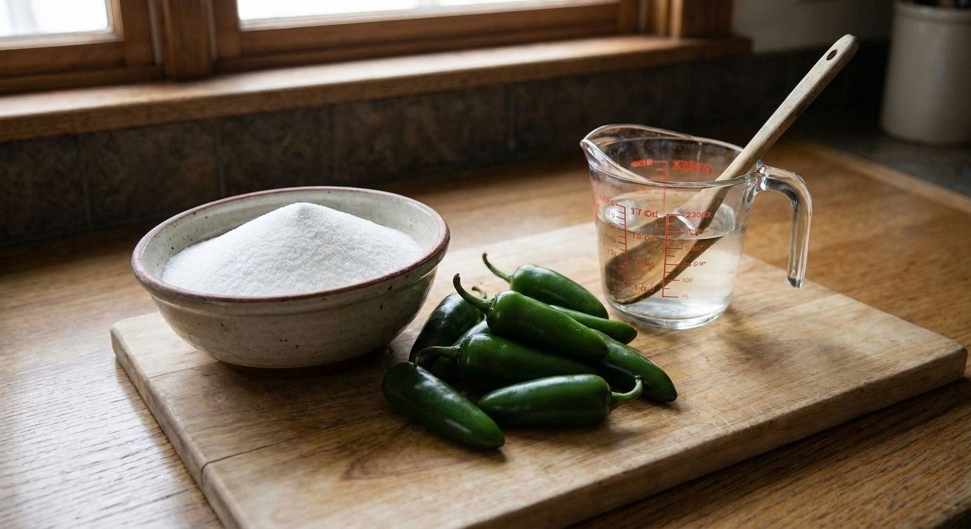 Whole jalapeños, a bowl of sugar, and a measuring cup of vinegar arranged on a wooden cutting board in a home kitchen