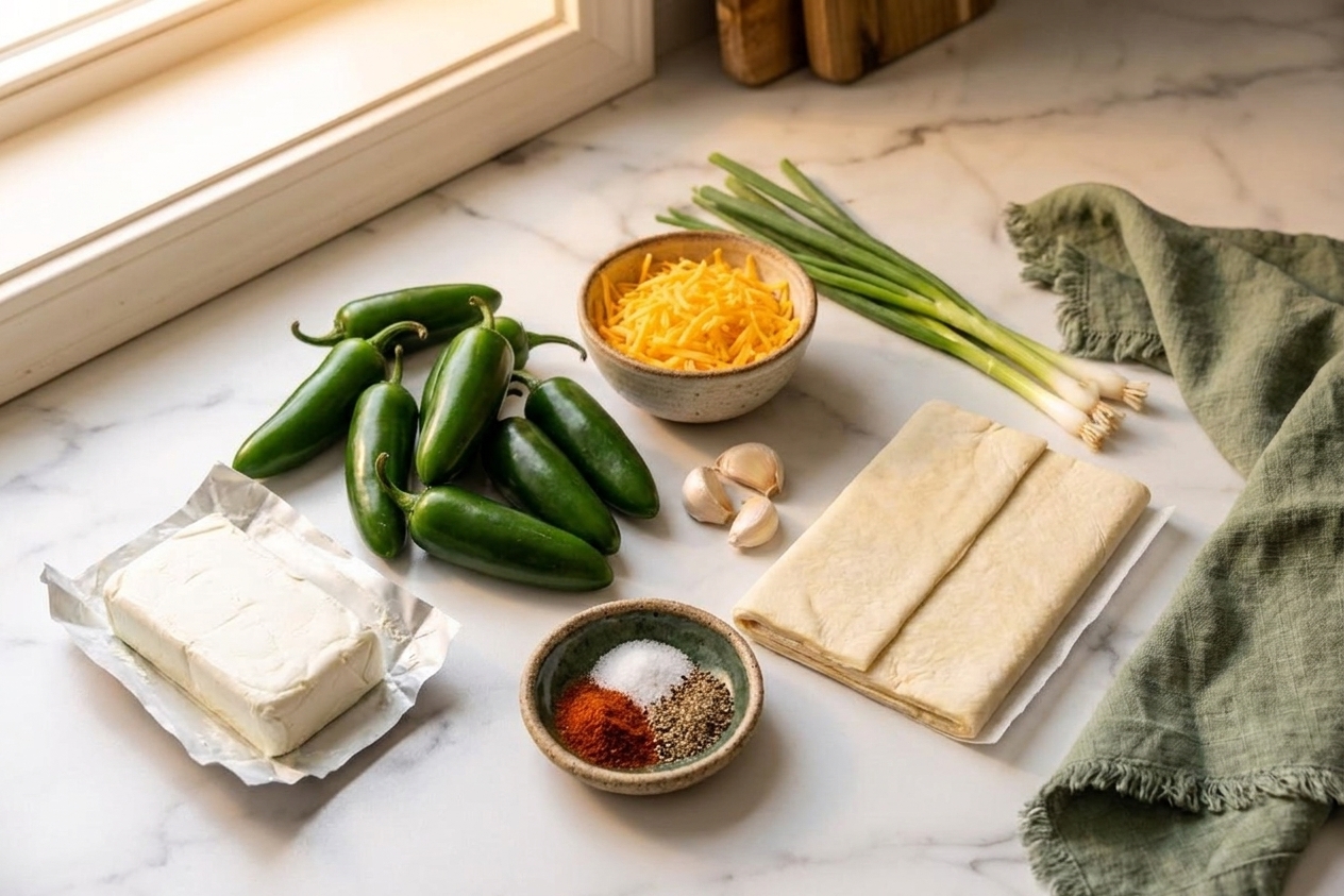 Whole jalapeños, cream cheese, shredded cheddar, garlic, green onions, puff pastry sheet, and a small bowl of seasoning arranged on a clean kitchen counter under warm light