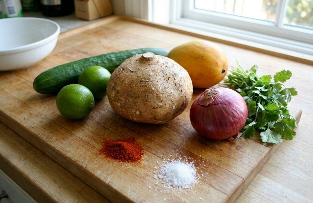 Whole jicama, limes, cilantro, cucumber, mango, red onion, and spices arranged on a wooden cutting board in a home kitchen