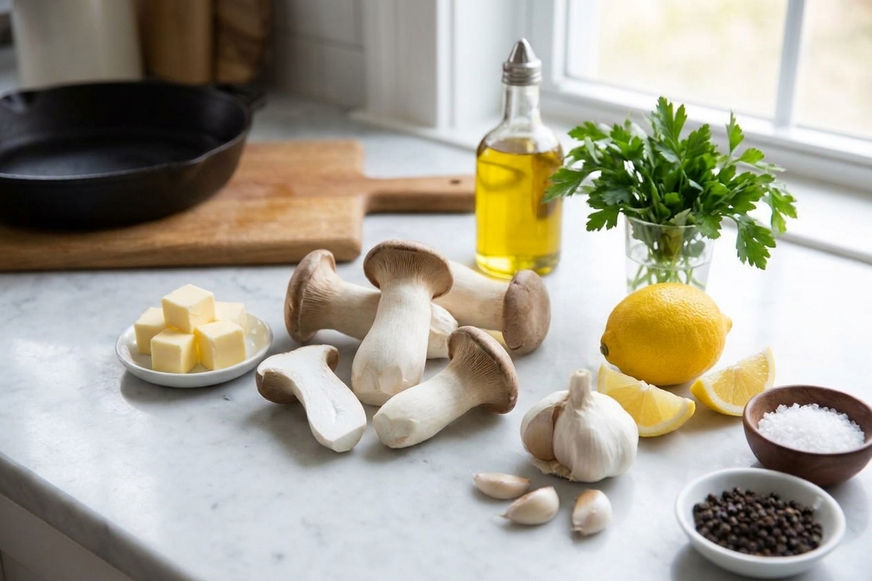 Whole king oyster mushrooms, butter, lemon, garlic, parsley, olive oil, salt, and pepper arranged on a light stone kitchen counter with soft natural light