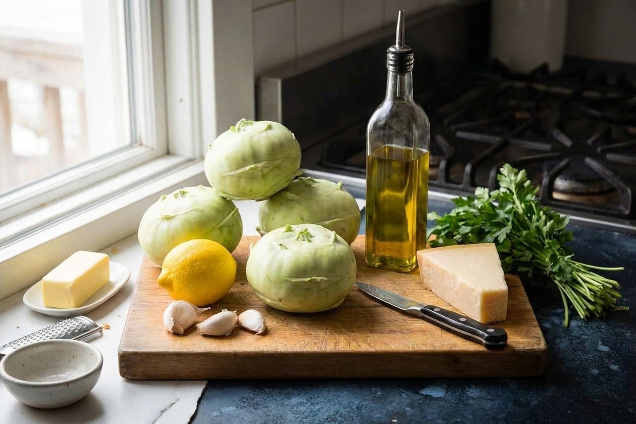 Whole kohlrabi bulbs, lemon, garlic, butter, olive oil, Parmesan, and fresh parsley arranged on a clean kitchen counter in natural light