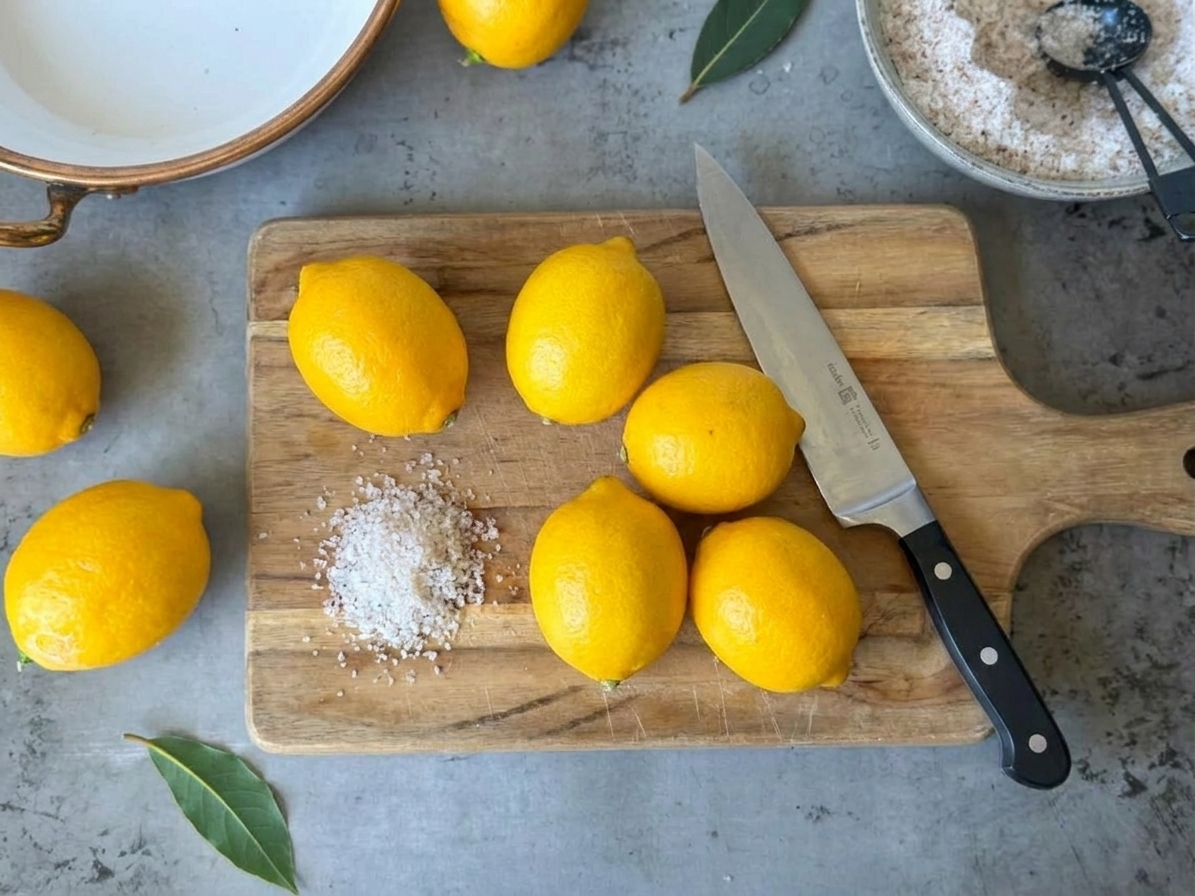 Whole lemons, a pile of kosher salt, and a chef's knife on a wooden cutting board in a home kitchen