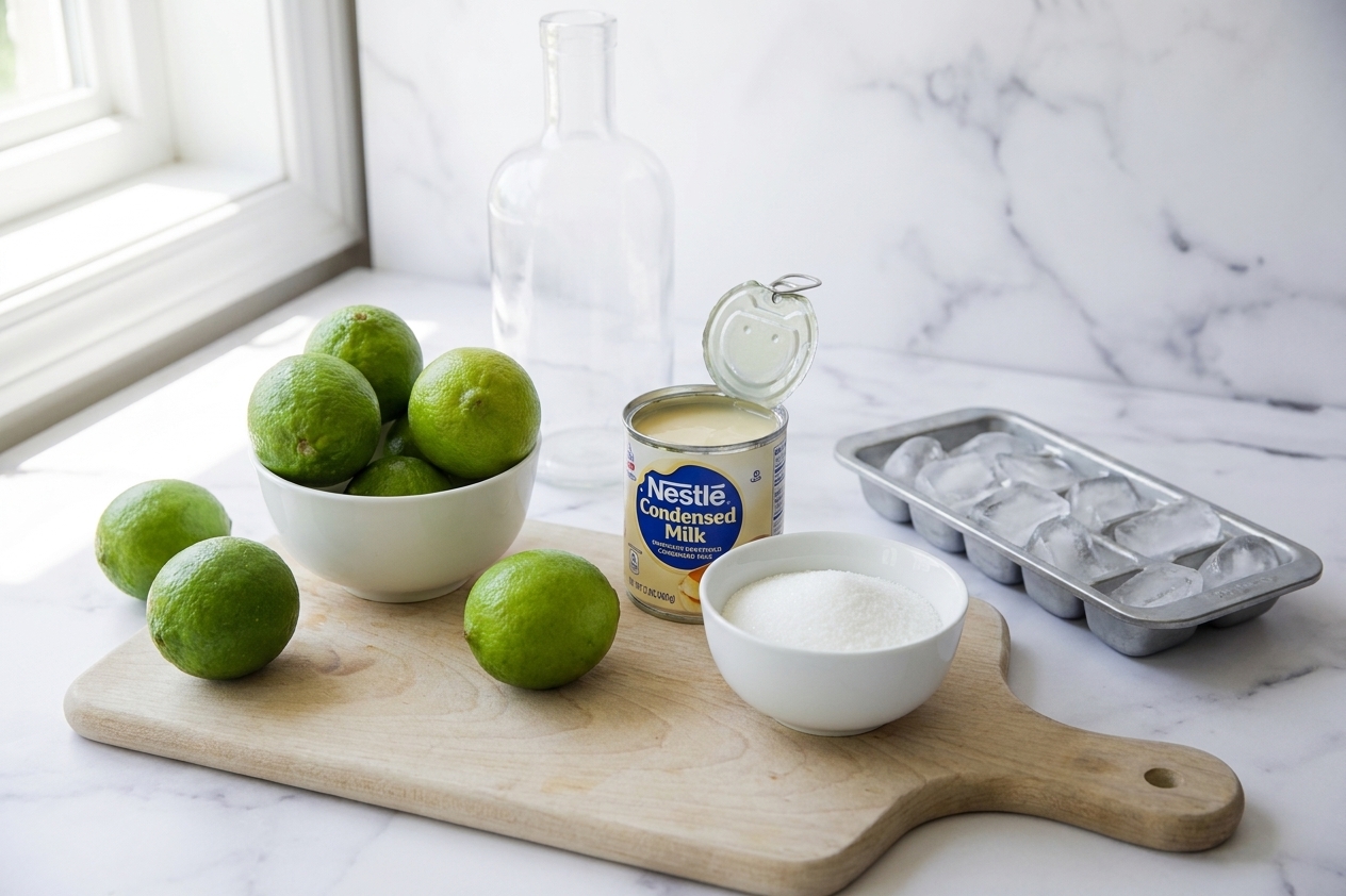 Whole limes, a can of sweetened condensed milk, a bowl of sugar, and a tray of ice arranged on a clean kitchen counter in natural light