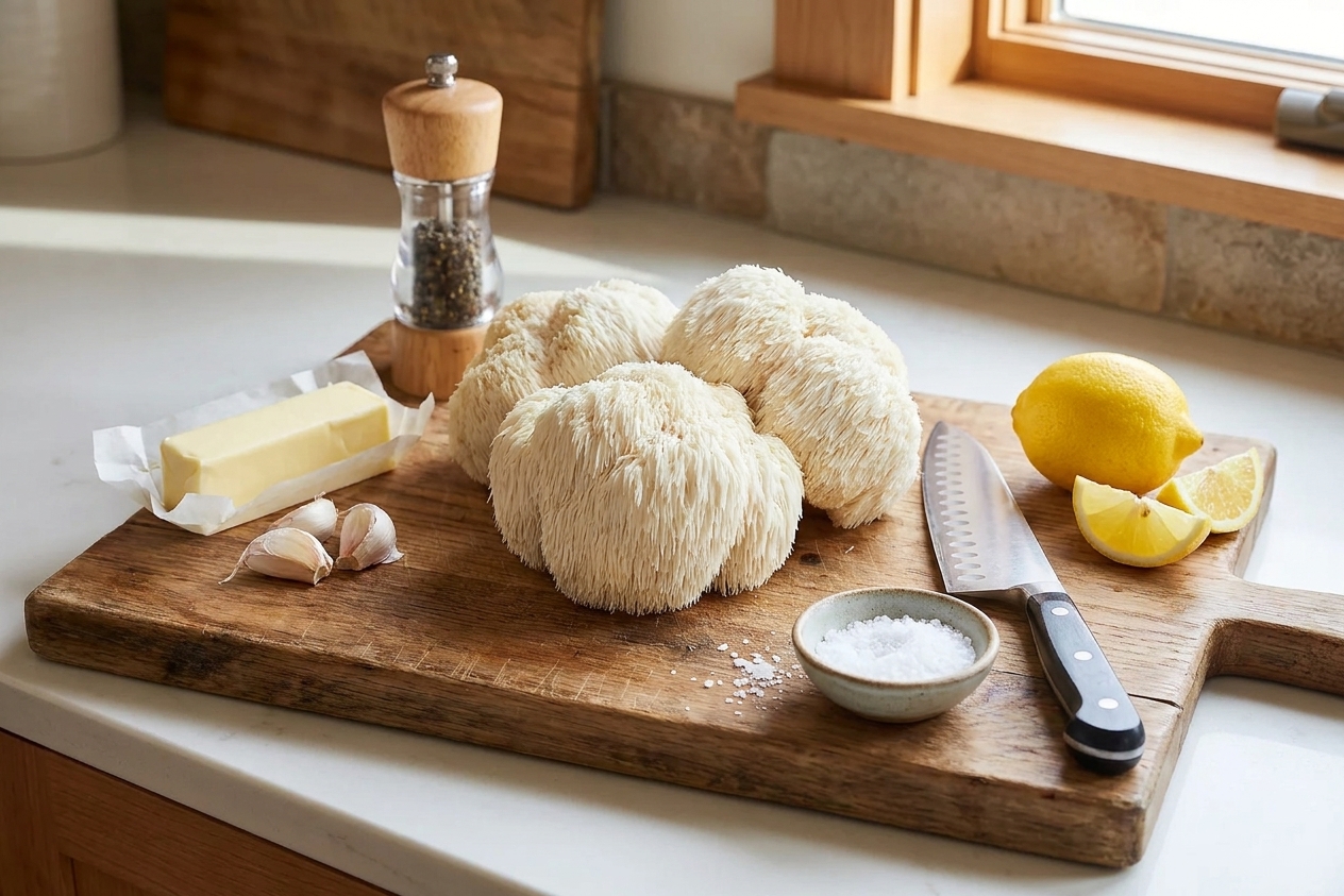 Whole lion’s mane mushrooms on a wooden cutting board next to a chef’s knife, kosher salt, pepper, butter, garlic, and a lemon on a bright kitchen counter