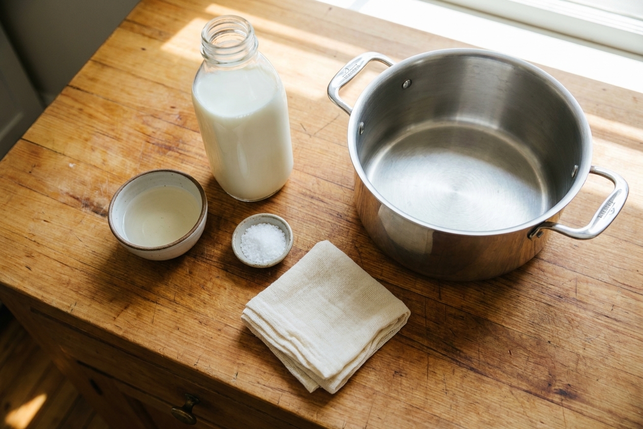 Whole milk, a small bowl of vinegar, kosher salt, and cheesecloth arranged next to a pot on a bright kitchen counter