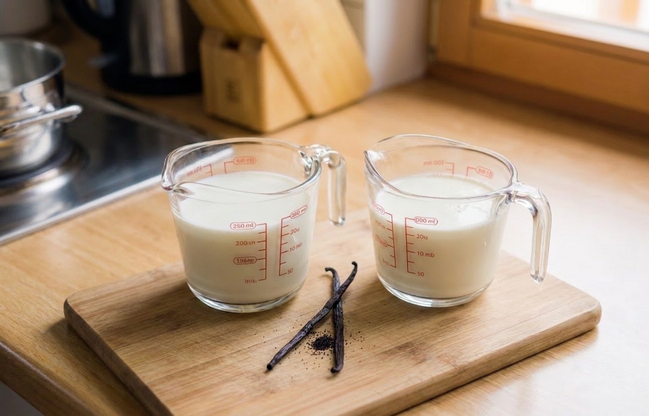 Whole milk and heavy cream in measuring cups with a split vanilla bean on a wooden cutting board on a clean kitchen counter