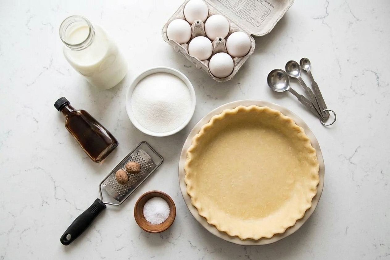 Whole milk, eggs, sugar, vanilla, nutmeg, salt, and an unbaked pie crust arranged with measuring spoons