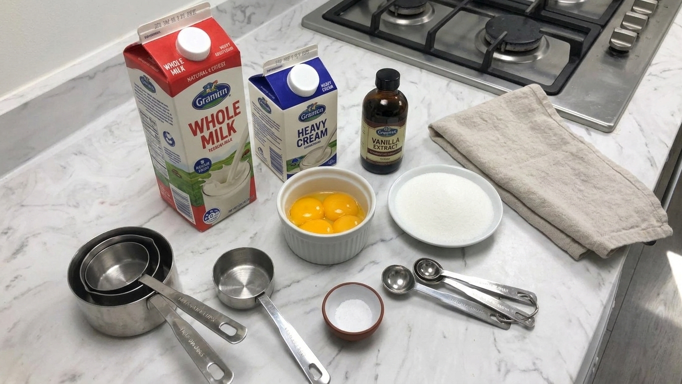 Whole milk, heavy cream, egg yolks, sugar, vanilla extract, and a pinch of salt arranged on a clean kitchen counter with measuring cups