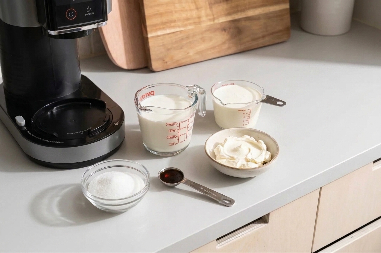 Whole milk, heavy cream, sugar, vanilla extract, and a small bowl of cream cheese measured on a bright kitchen counter