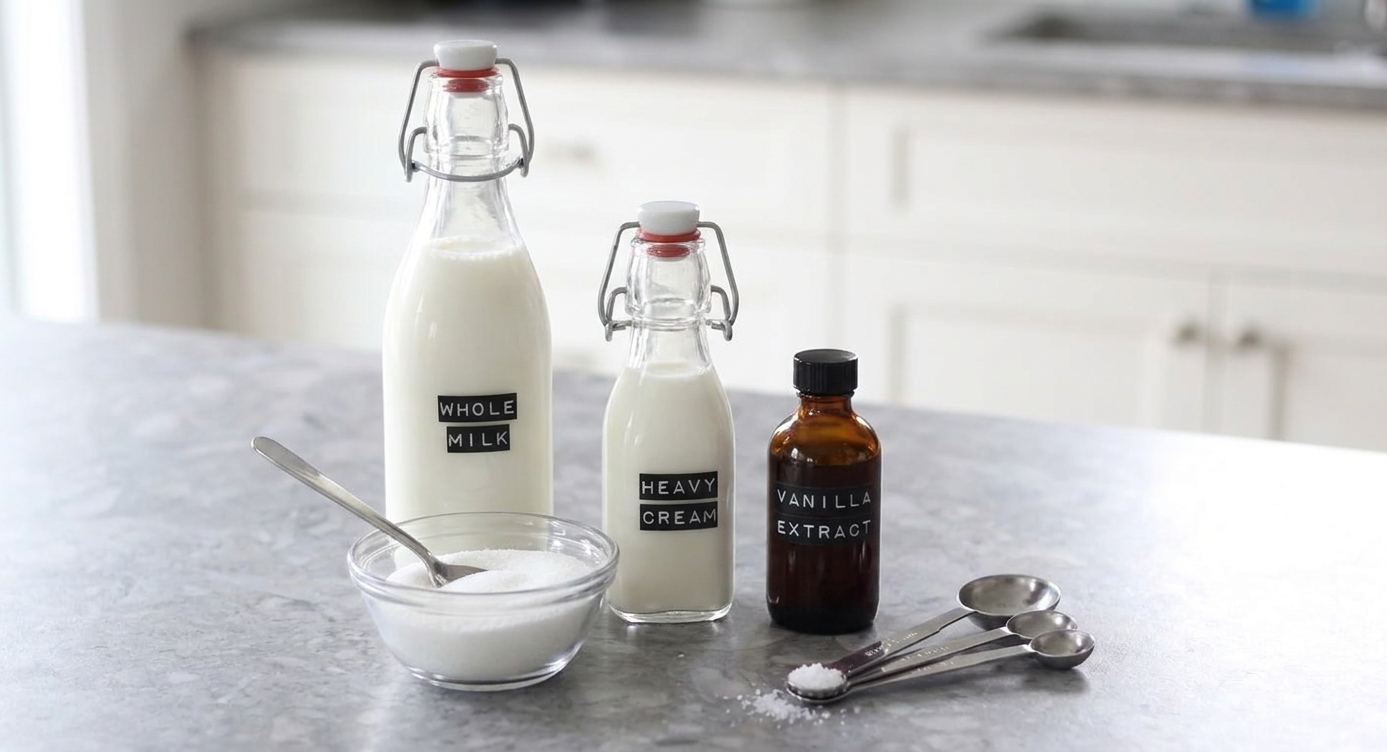 Whole milk, heavy cream, vanilla extract, sugar, and a pinch of salt arranged on a kitchen counter with measuring spoons