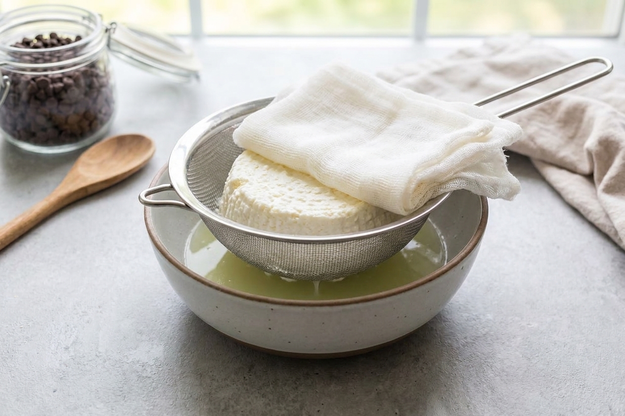Whole milk ricotta draining in a fine mesh strainer over a bowl in a refrigerator-ready setup on a kitchen counter