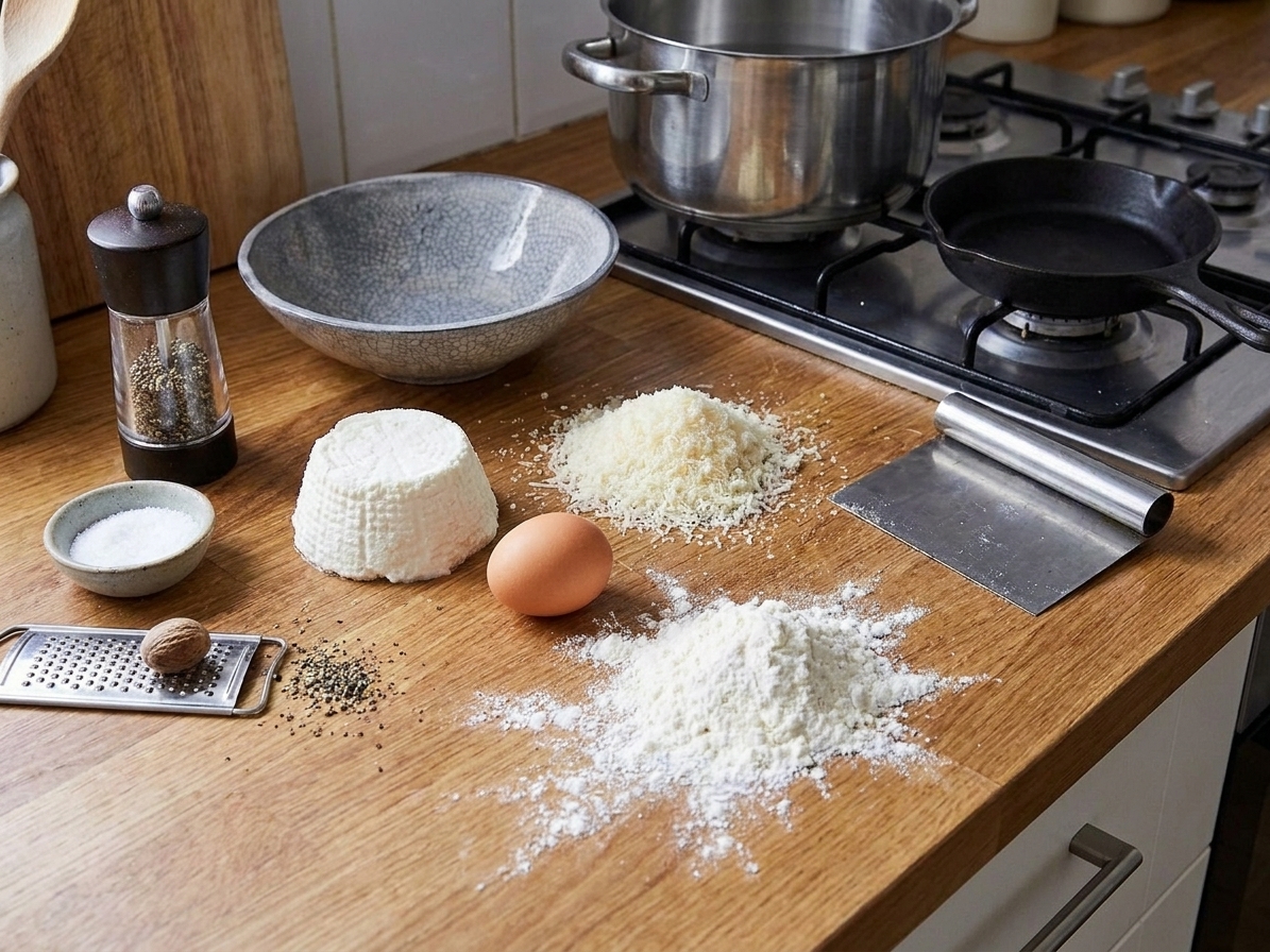 Whole-milk ricotta, grated Parmesan, an egg, flour, salt, pepper, and nutmeg set out on a clean kitchen counter with a pot and skillet nearby