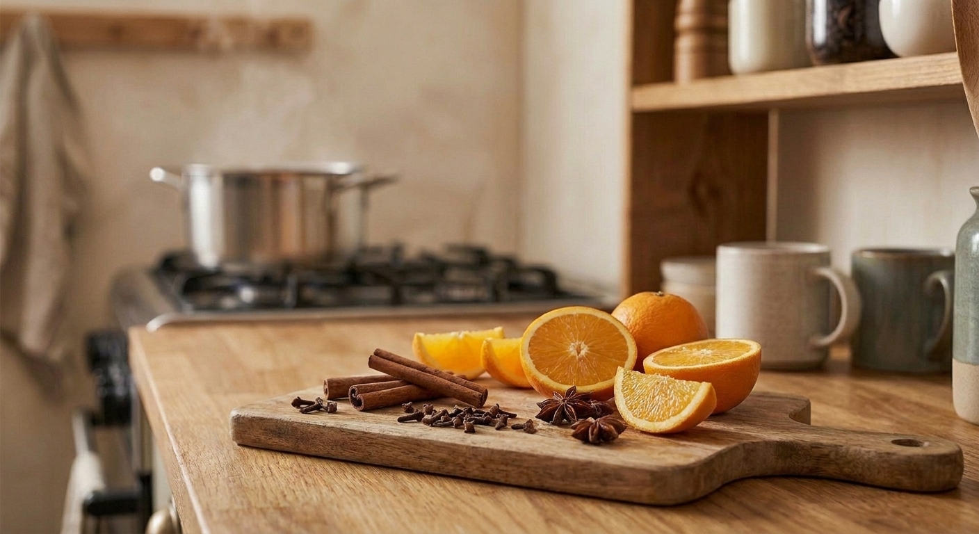 Whole mulling spices including cinnamon sticks, cloves, star anise, and orange slices arranged on a cutting board on a kitchen counter