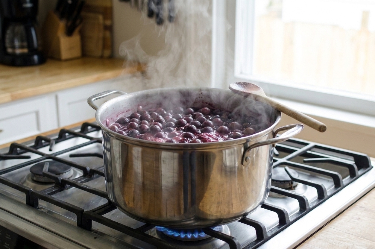 Whole muscadine grapes simmering in a large stainless steel pot on a stovetop with steam rising