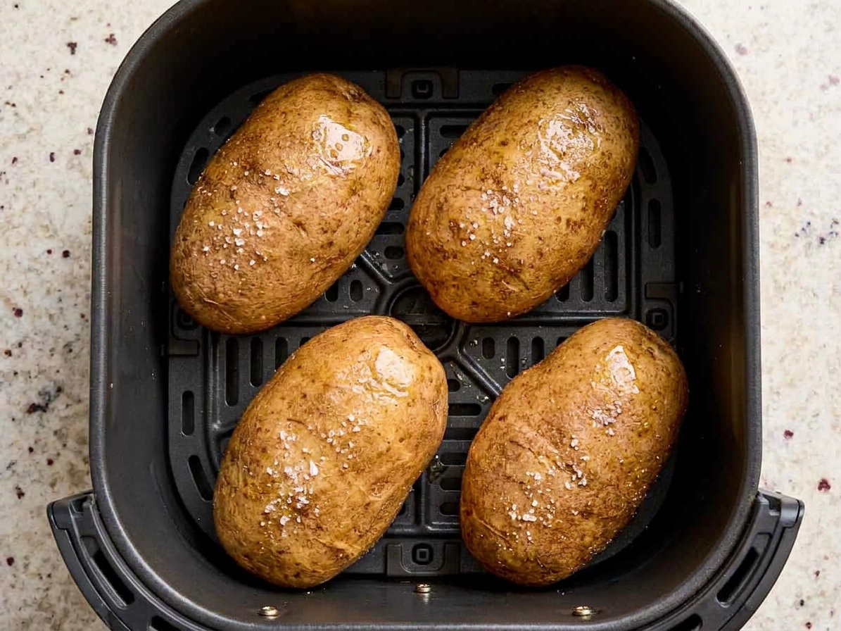 Whole oiled and salted russet potatoes arranged in a single layer inside an air fryer basket before cooking